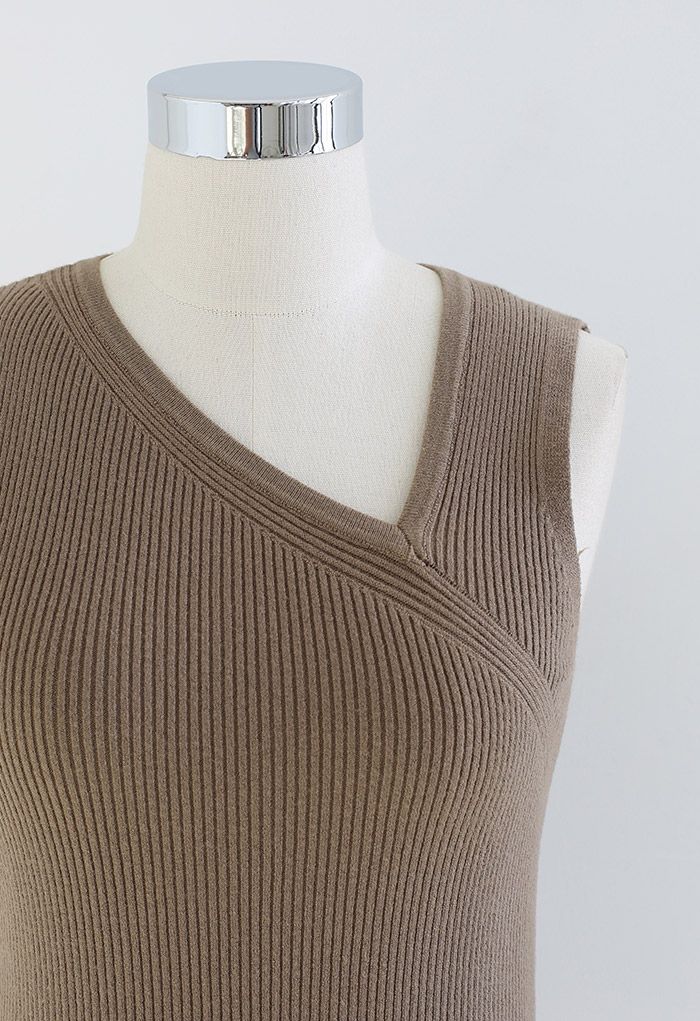 Oblique V-Neck Knit Tank Top in Brown