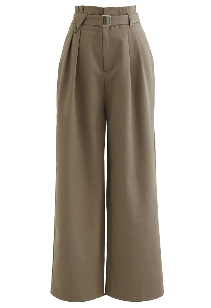 Side Pockets Belted Straight Leg Pants in Khaki - Retro, Indie and ...