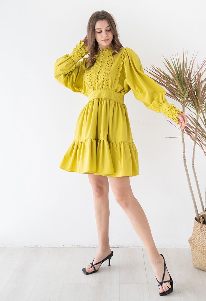 Embroidered Floral Eyelet Frilling Dress in Mustard - Retro, Indie and ...