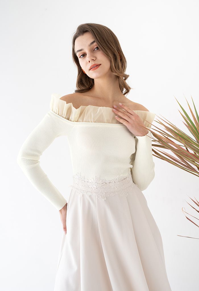 Organza Ruffle Edge Off-Shoulder Knit Top in Ivory