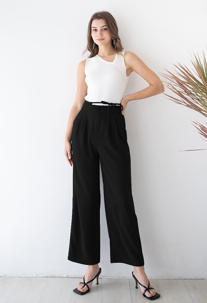 Women's Casual Wide Leg Pants High Waisted Self Tie Belted