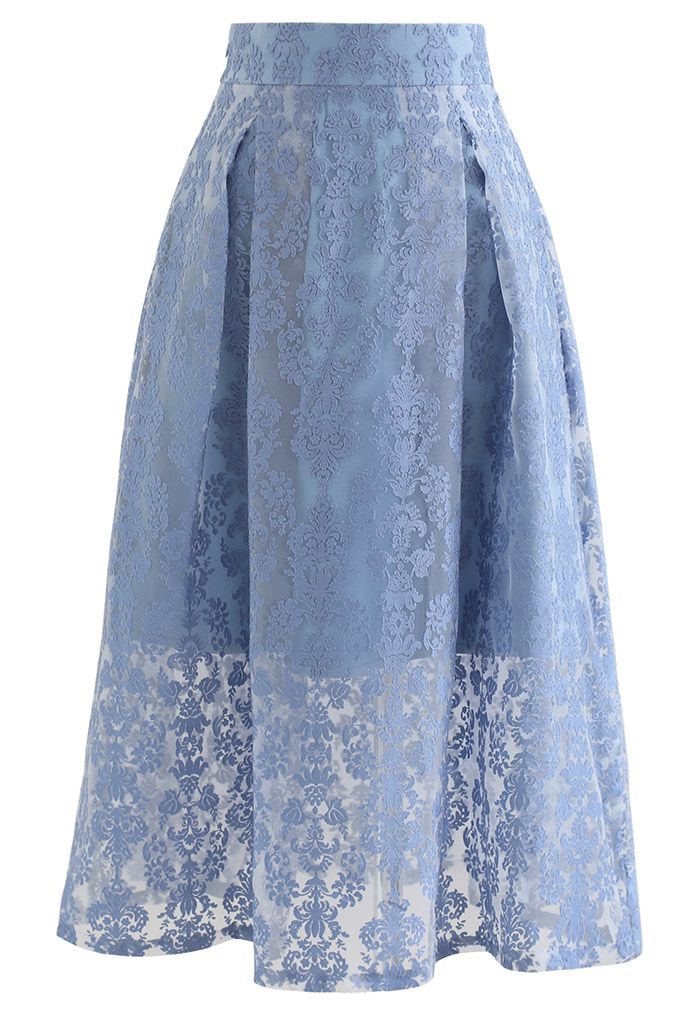 Floral Jacquard Organza Pleated Midi Skirt in Blue
