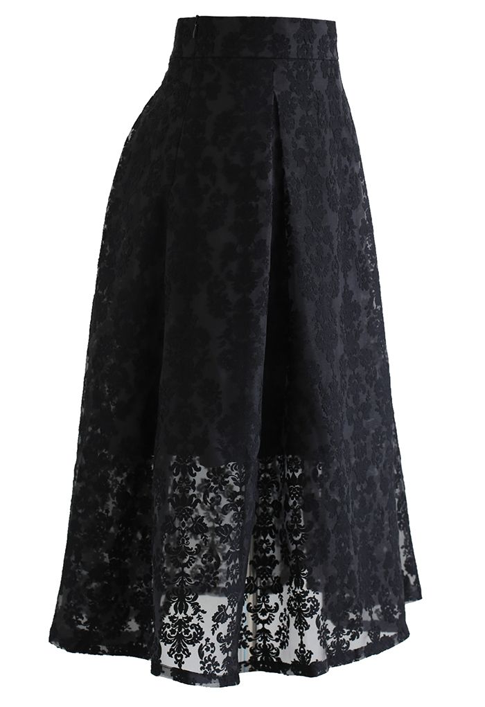 Floral Jacquard Organza Pleated Midi Skirt in Black - Retro, Indie and ...