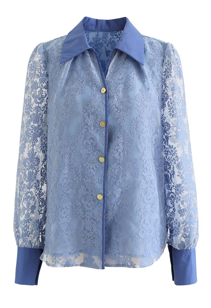 Floral Jacquard Semi-Sheer Organza Shirt in Blue - Retro, Indie and ...