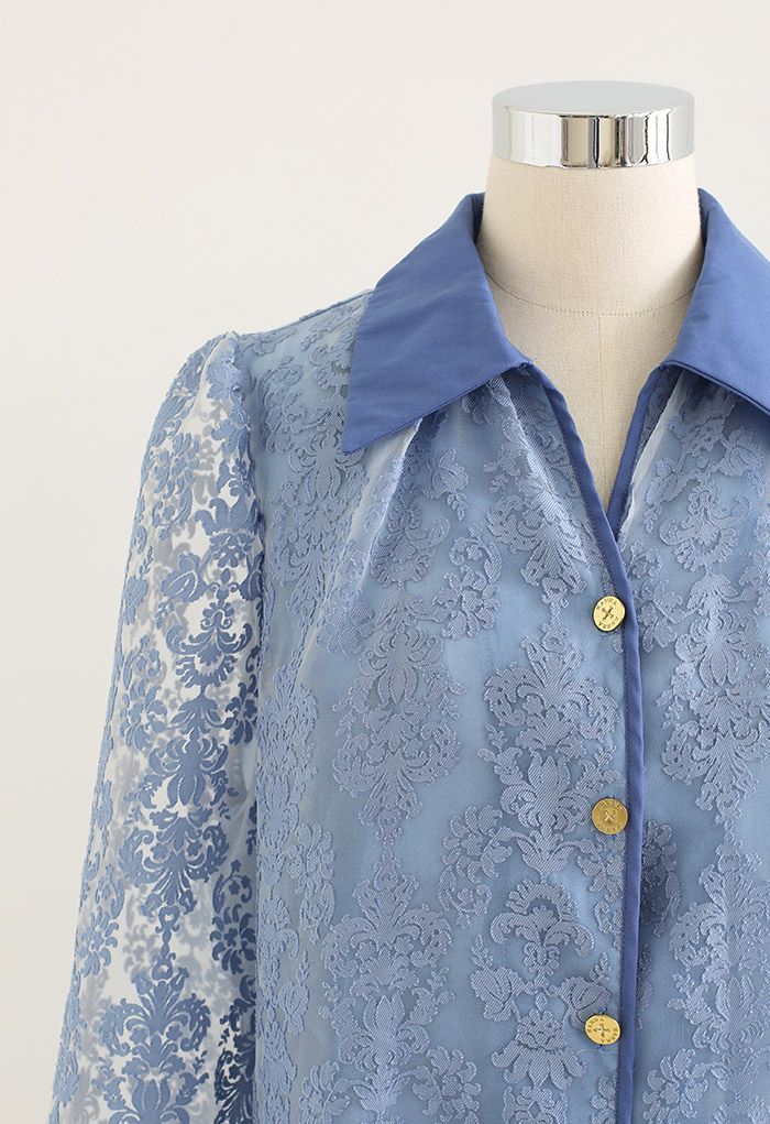 Floral Jacquard Semi-Sheer Organza Shirt in Blue