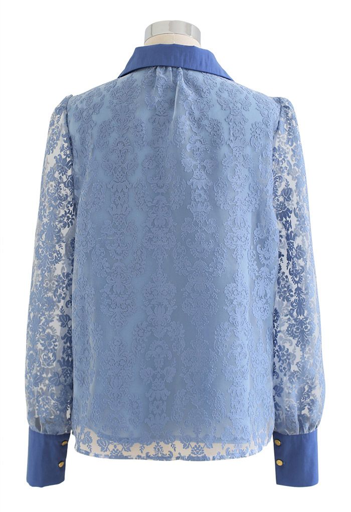 Floral Jacquard Semi-Sheer Organza Shirt in Blue
