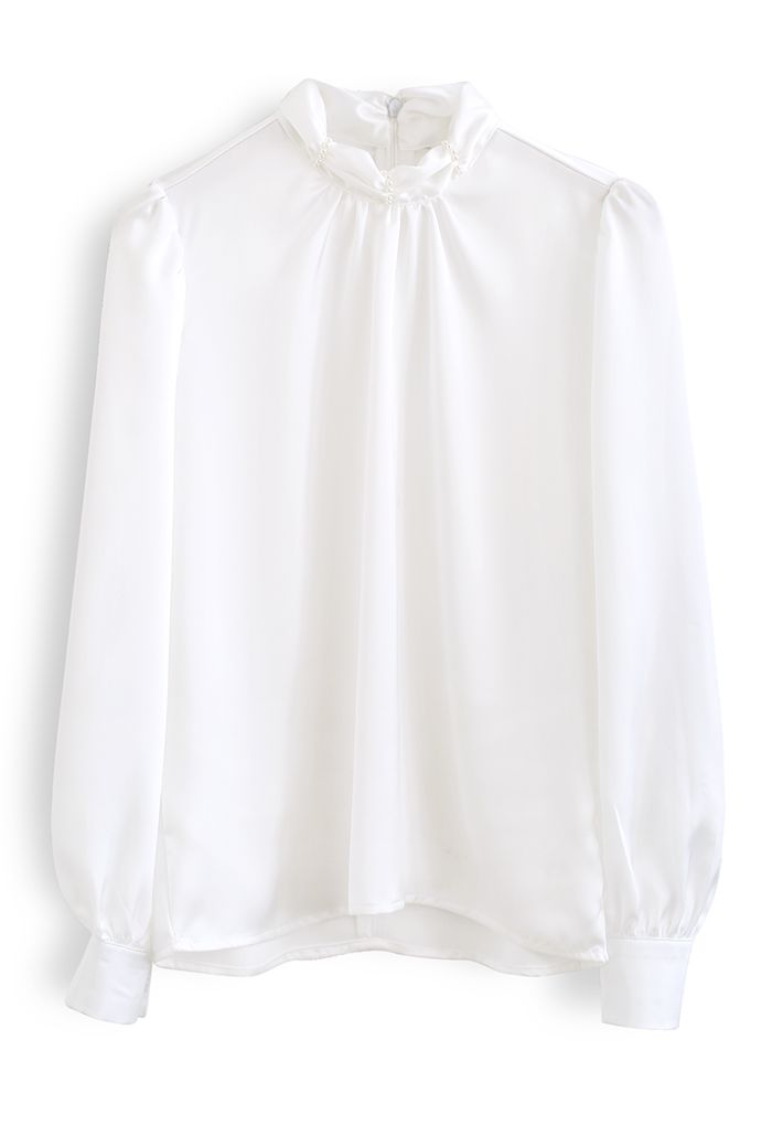 Bead Decor Ruched Mock Neck Satin Shirt in White