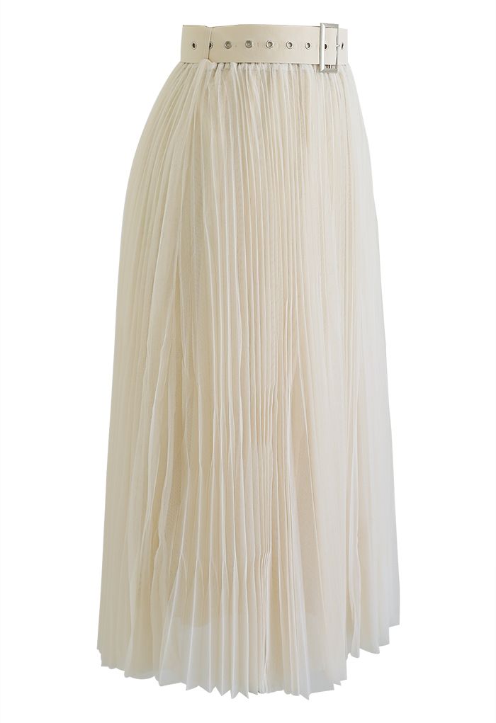 Full Pleated Double-Layered Mesh Midi Skirt in Cream