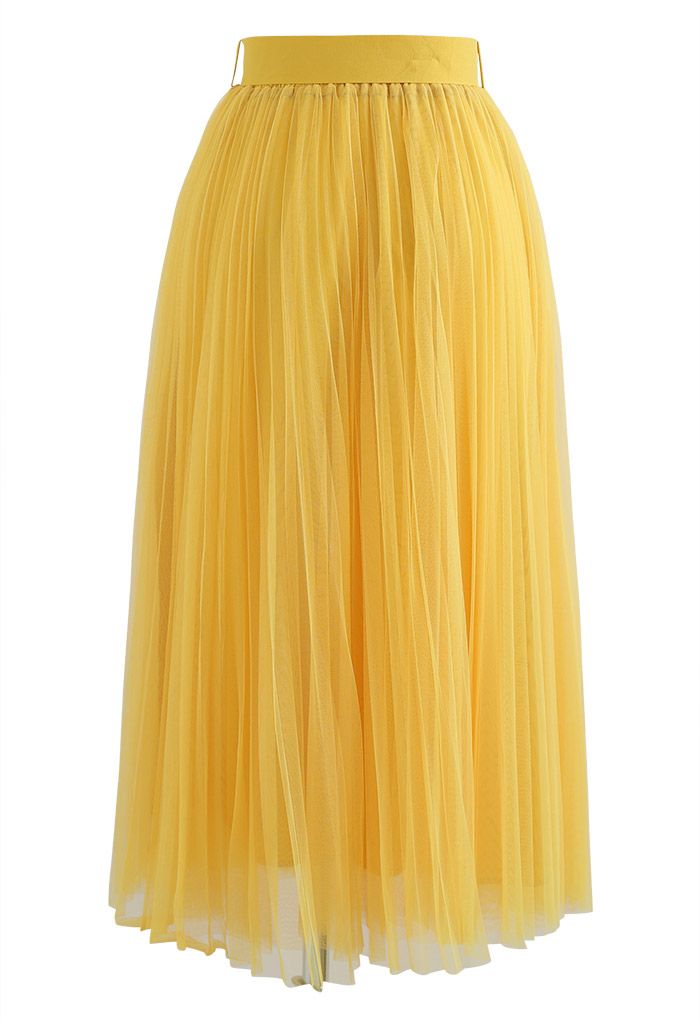Full Pleated Double-Layered Mesh Midi Skirt in Yellow