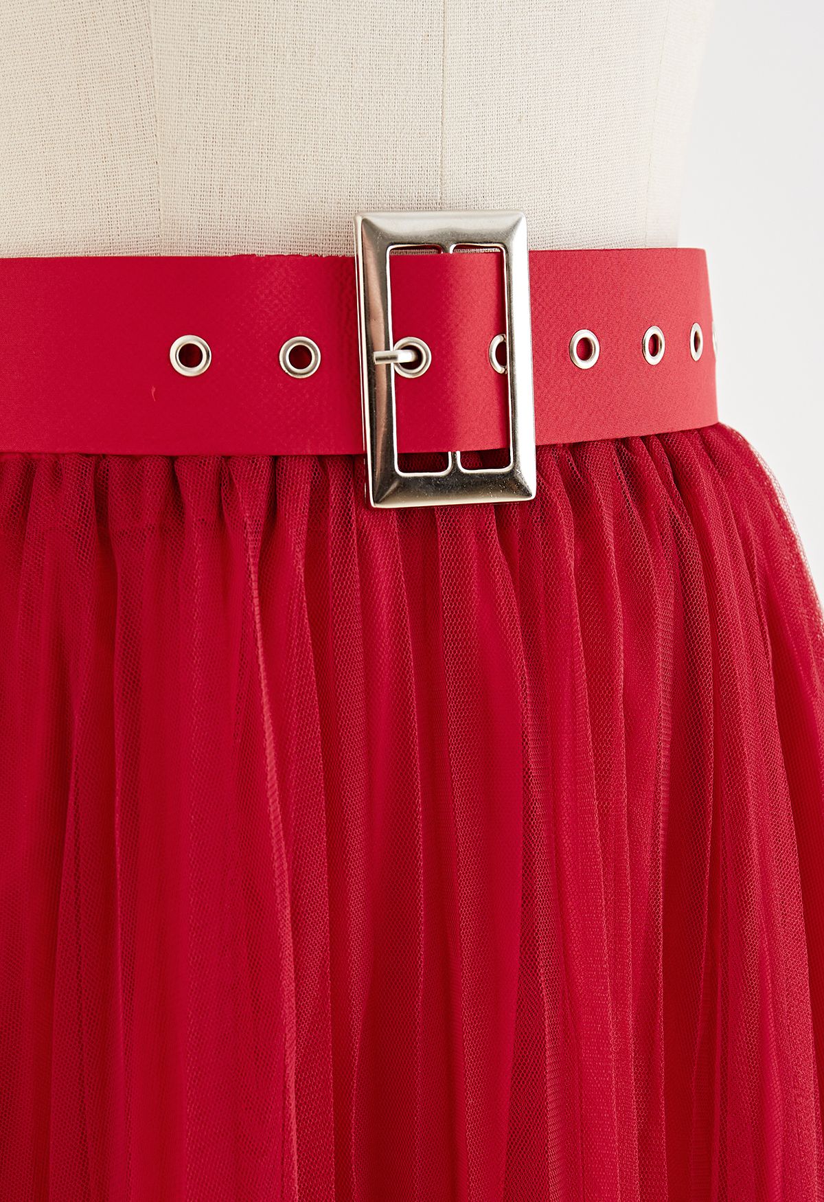 Full Pleated Double-Layered Mesh Midi Skirt in Red