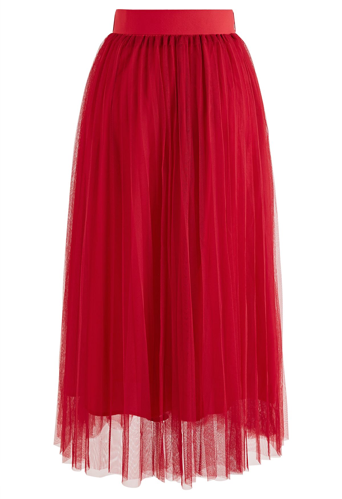 Full Pleated Double-Layered Mesh Midi Skirt in Red - Retro, Indie and ...