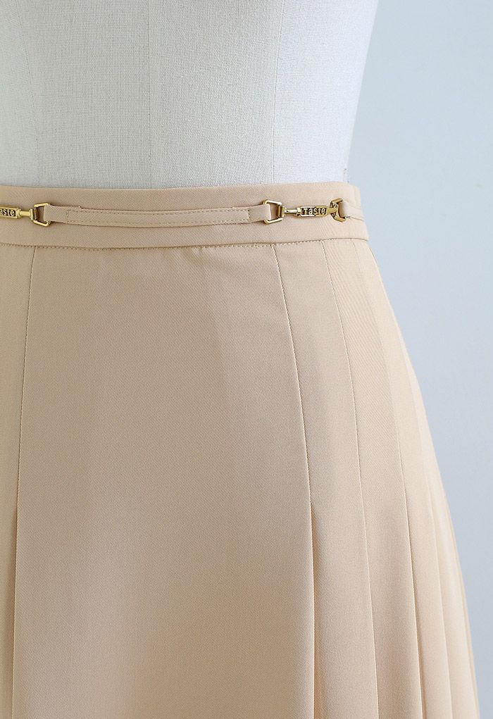 Horsebit Trim Side Pleat Midi Skirt in Light Tan