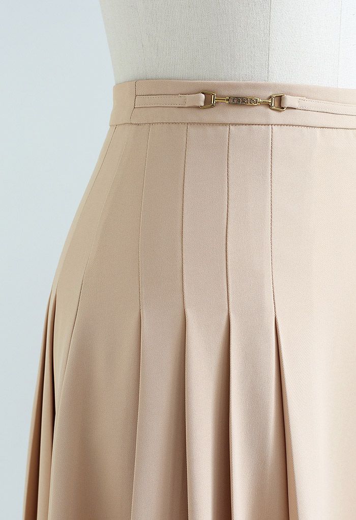 Horsebit Trim Side Pleat Midi Skirt in Light Tan