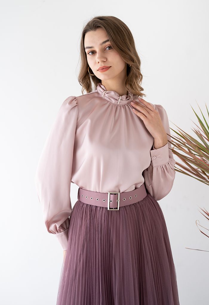 Bead Decor Ruched Mock Neck Satin Shirt in Pink - Retro, Indie and ...