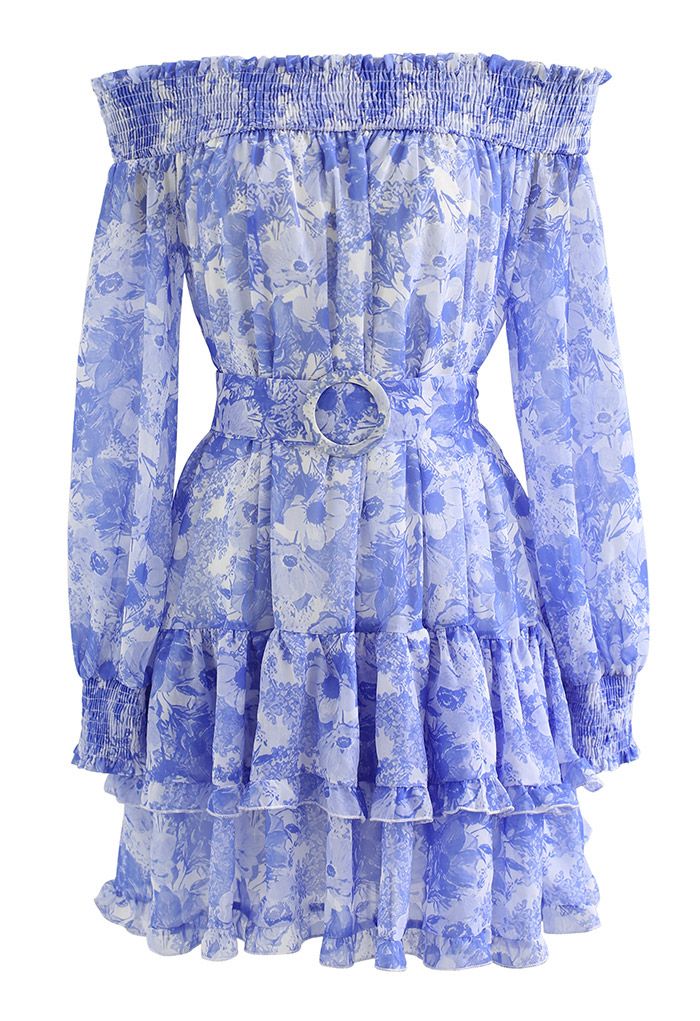 Off-Shoulder Floral Chiffon Mini Dress in Blue