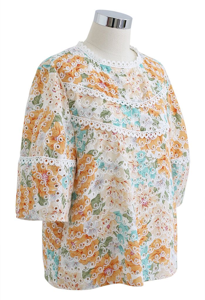 Ripple Embroidered Eyelet Floral Top in Orange