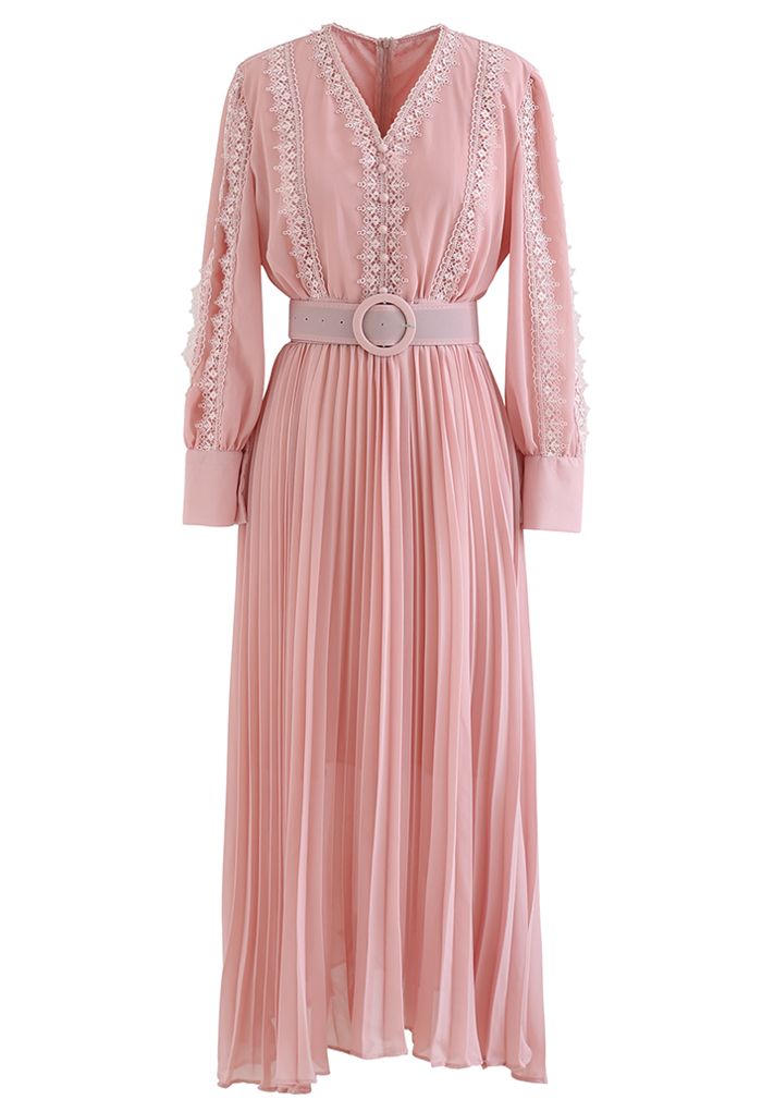 Crochet Trimmed Belted Pleated Chiffon Dress in Pink