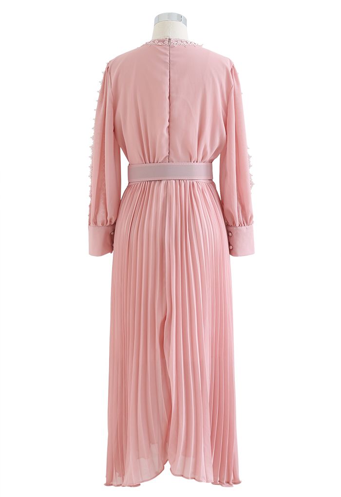 Crochet Trimmed Belted Pleated Chiffon Dress in Pink