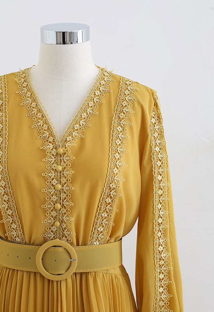 Crochet Trimmed Belted Pleated Chiffon Dress in Yellow