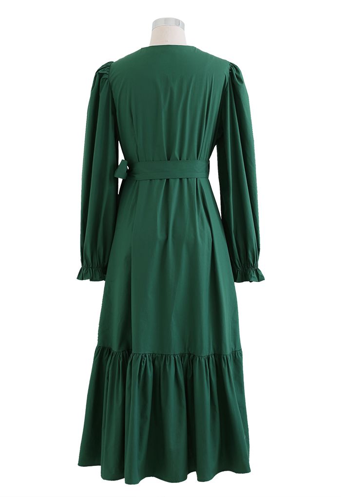 Ruffle Asymmetric Hem Wrapped Cotton Dress in Dark Green - Retro, Indie ...