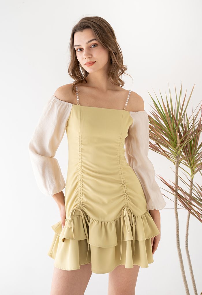 Tiered Ruffle Cold-Shoulder Mini Dress in Mustard