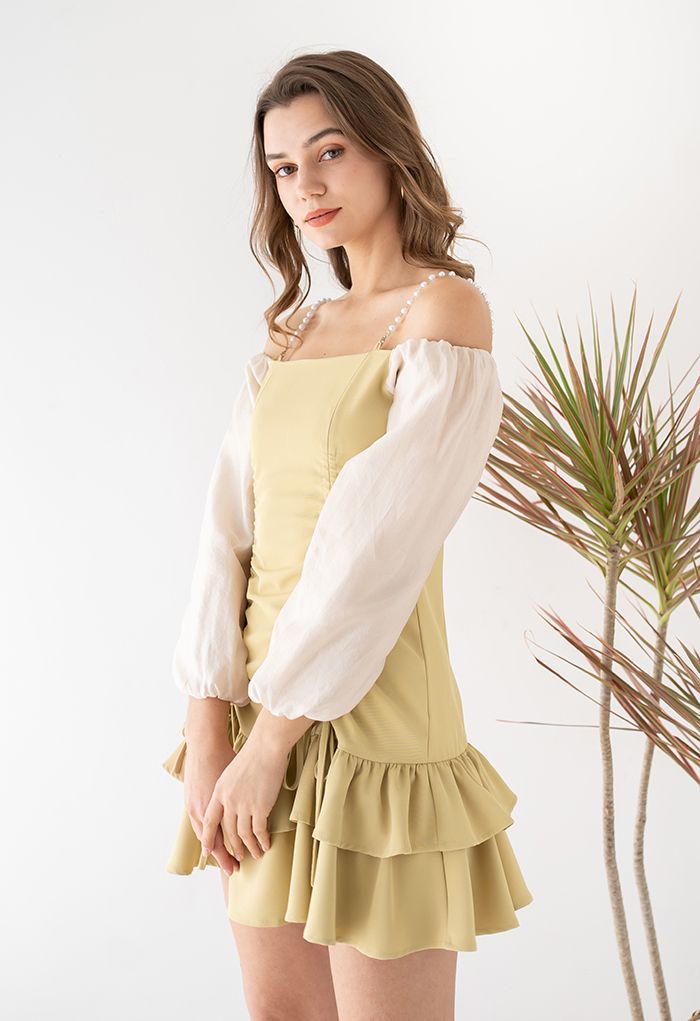 Tiered Ruffle Cold-Shoulder Mini Dress in Mustard