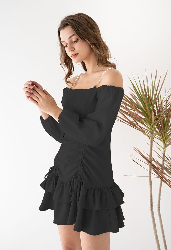 Tiered Ruffle Cold-Shoulder Mini Dress in Black