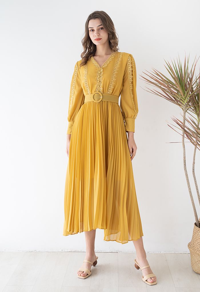 Crochet Trimmed Belted Pleated Chiffon Dress in Yellow