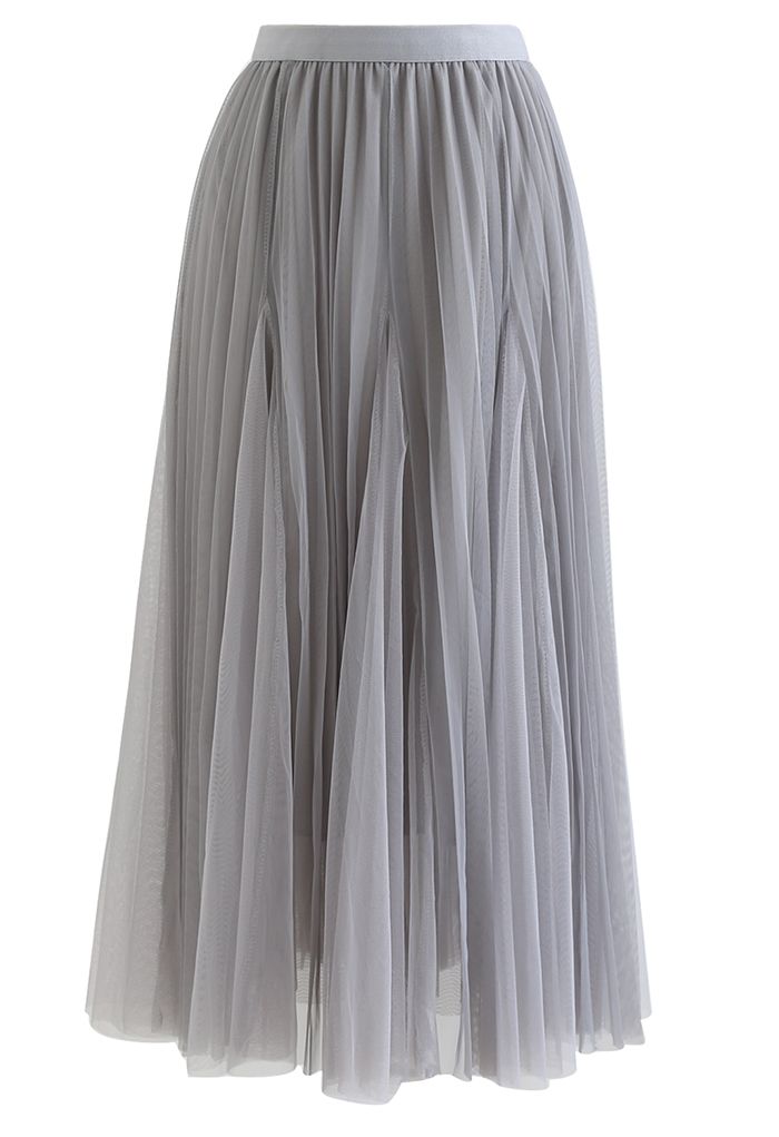 Pleated Panelled Mesh Tulle Maxi Skirt in Grey