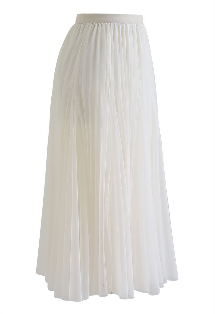 Pleated Panelled Mesh Tulle Maxi Skirt in Cream - Retro, Indie and