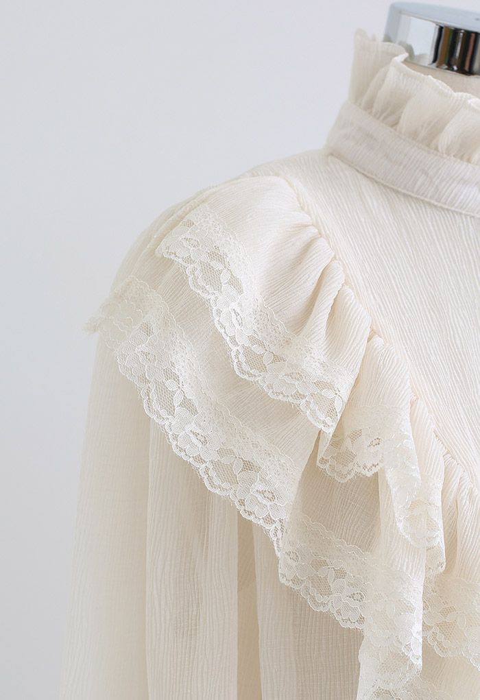 Noble Lace Ruffle Trim Textured Shirt in Cream