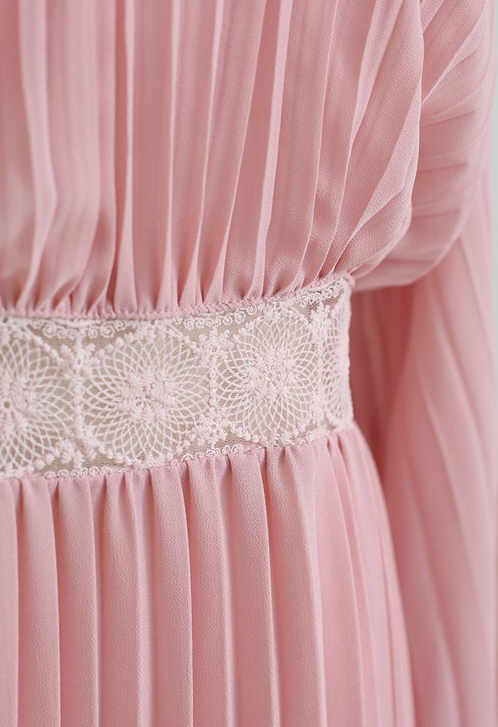 Lacy Waist Full Pleated Maxi Dress in Pink