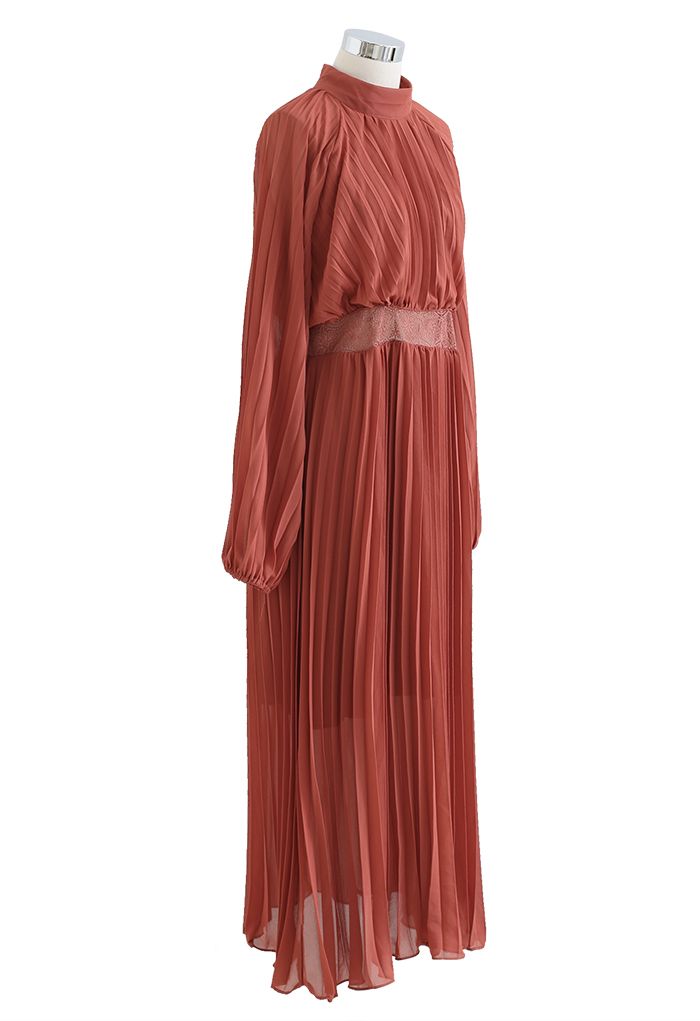 Lacy Waist Full Pleated Maxi Dress in Rust Red