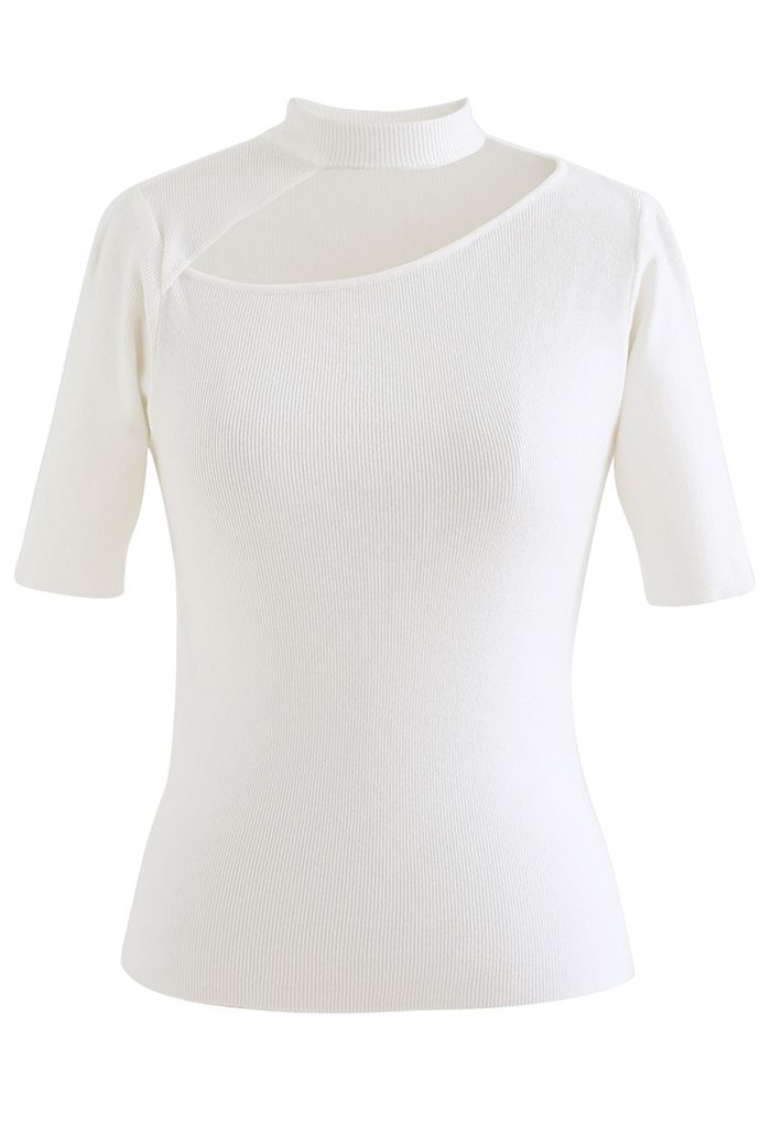 Cutout Halter Neck Short-Sleeve Knit Top in White