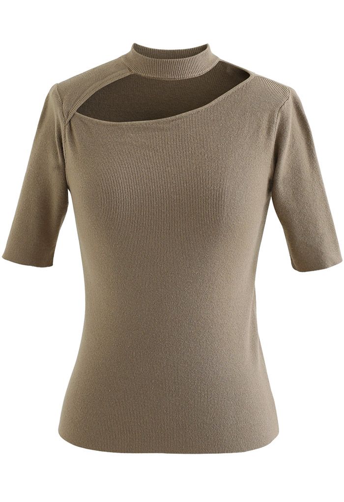 Cutout Halter Neck Short-Sleeve Knit Top in Brown