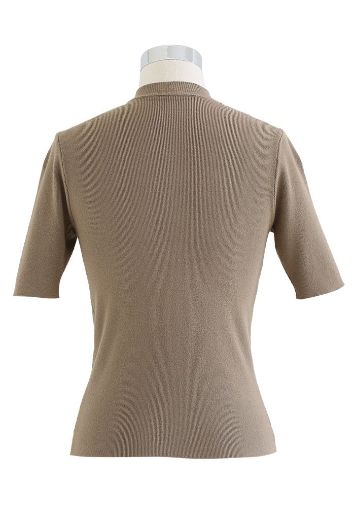 Cutout Halter Neck Short-Sleeve Knit Top in Brown