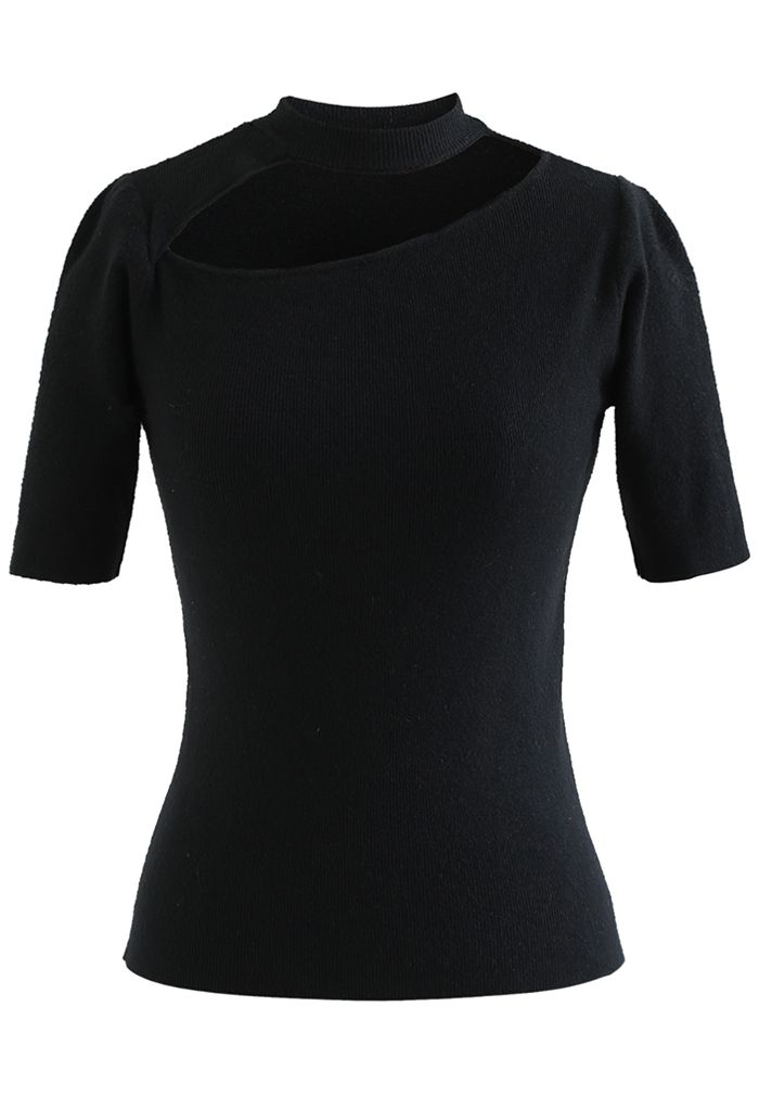 Cutout Halter Neck Short-Sleeve Knit Top in Black - Retro, Indie and ...