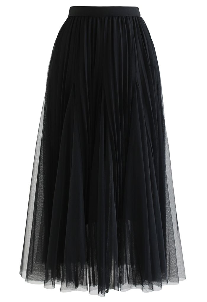 Pleated Panelled Mesh Tulle Maxi Skirt in Black