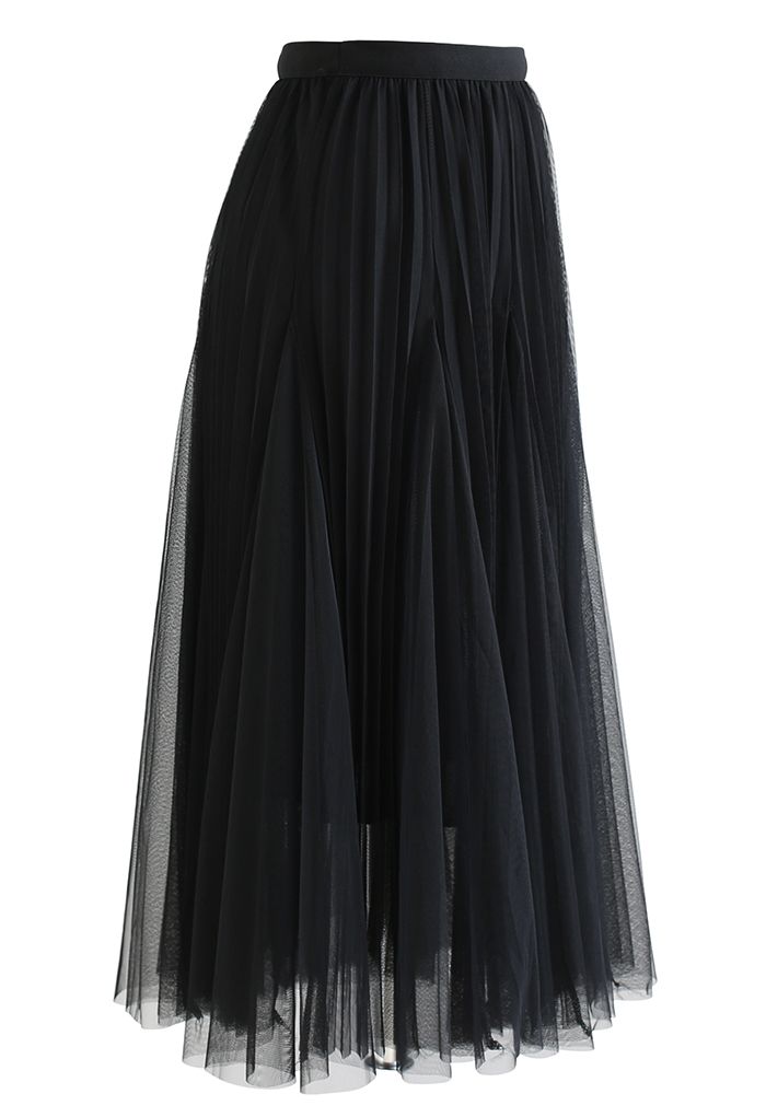 Pleated Panelled Mesh Tulle Maxi Skirt in Black - Retro, Indie and ...