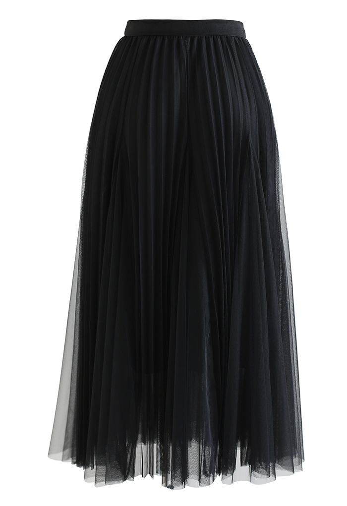Pleated Panelled Mesh Tulle Maxi Skirt in Black