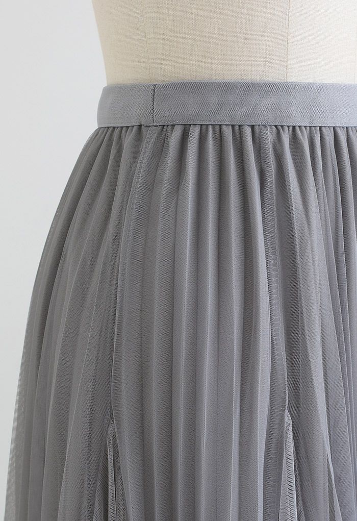Pleated Panelled Mesh Tulle Maxi Skirt in Grey - Retro, Indie and ...