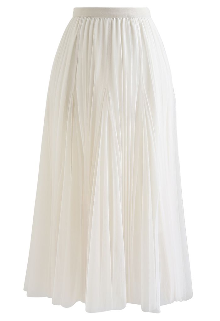 Pleated Panelled Mesh Tulle Maxi Skirt in Cream - Retro, Indie and ...