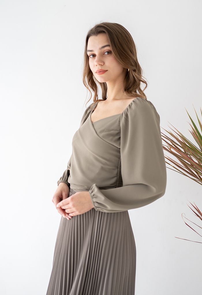 Sweetheart Neck Shirred Back Crop Top in Taupe
