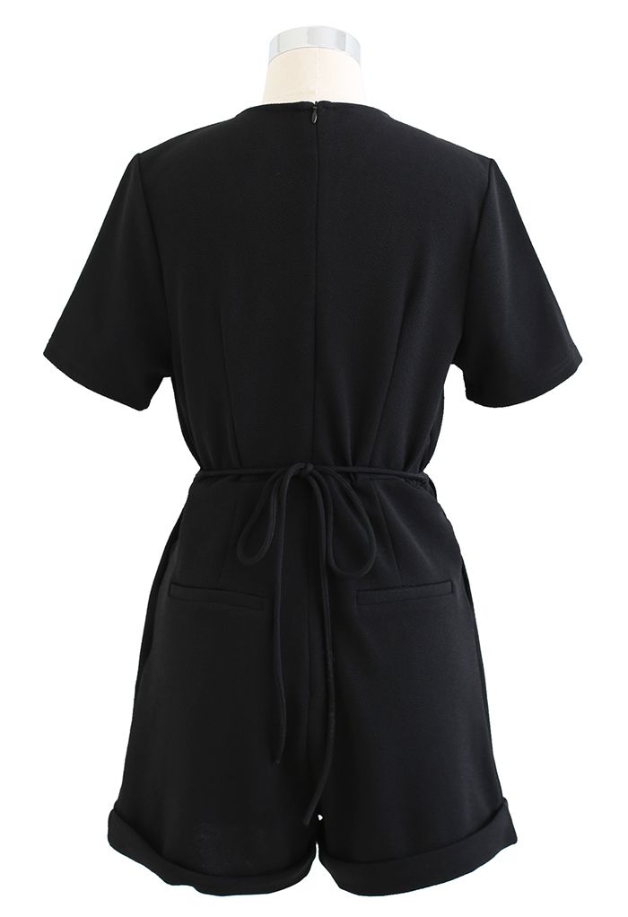 V-Neck Side Pockets Short-Sleeve Black Playsuit