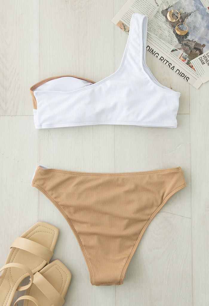 One-Shoulder Bicolor Spliced Bikini Set