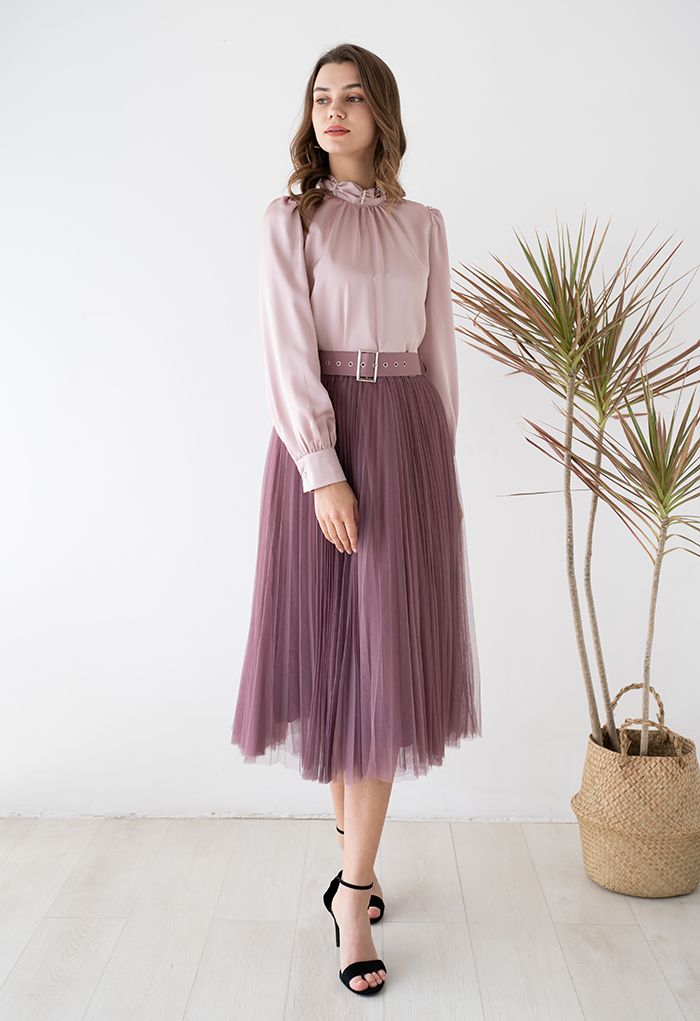 Full Pleated Double-Layered Mesh Midi Skirt in Berry