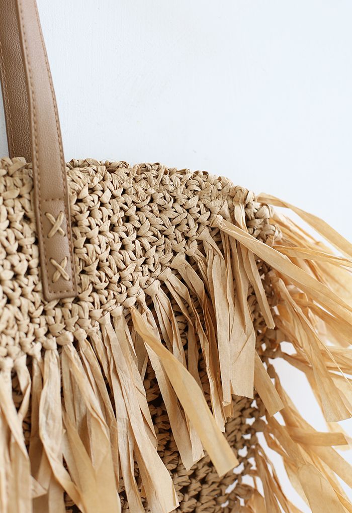 Fringed Woven Straw Shoulder Bag in Tan - Retro, Indie and Unique Fashion