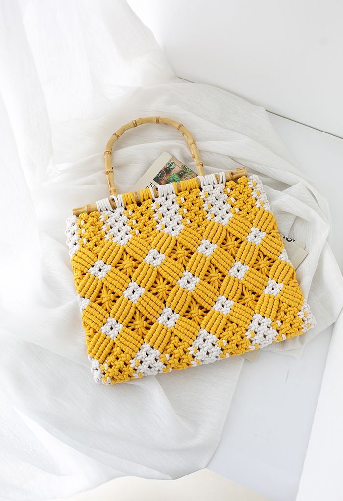 Bamboo Handle Two-Tone Woven Handbag in Yellow