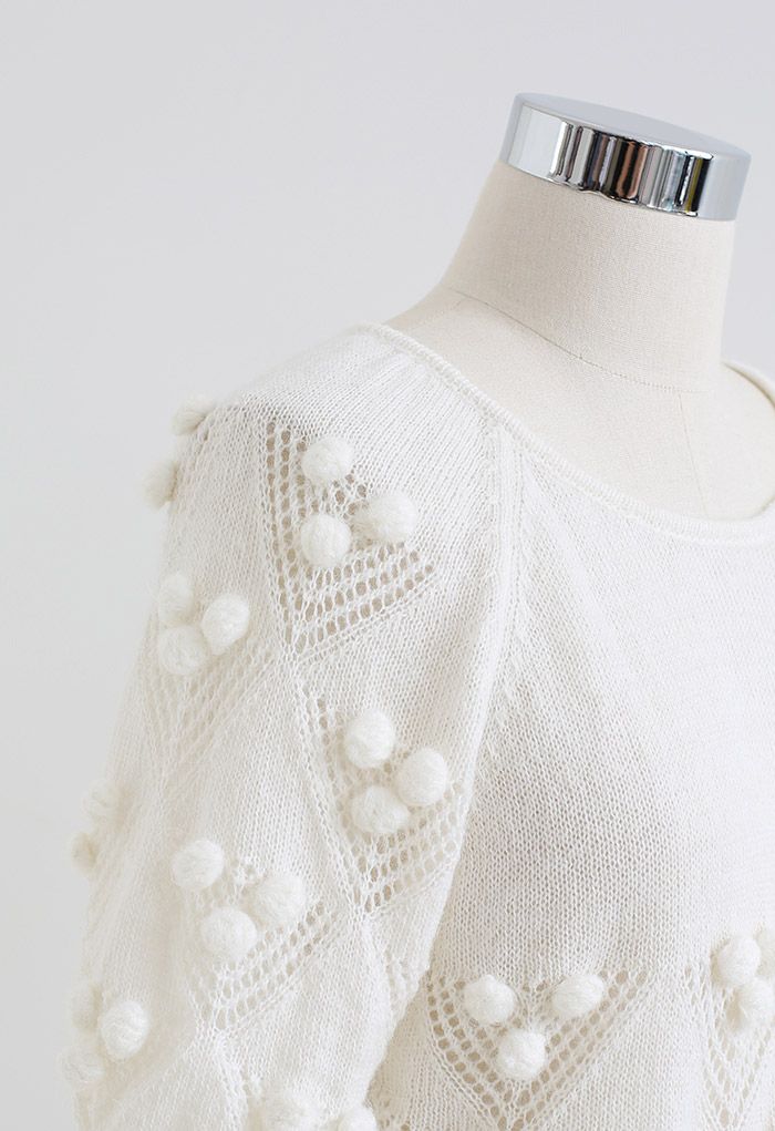 Pom-Pom Triangle Fuzzy Knit Top in White