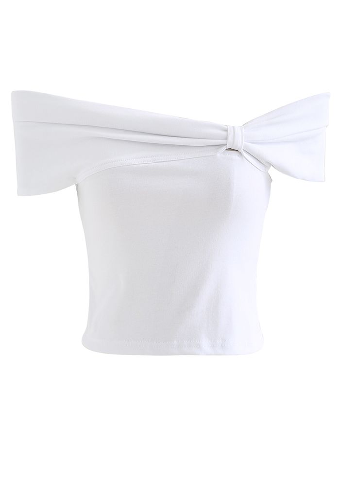 Side Knot Off-Shoulder Fitted Top in White